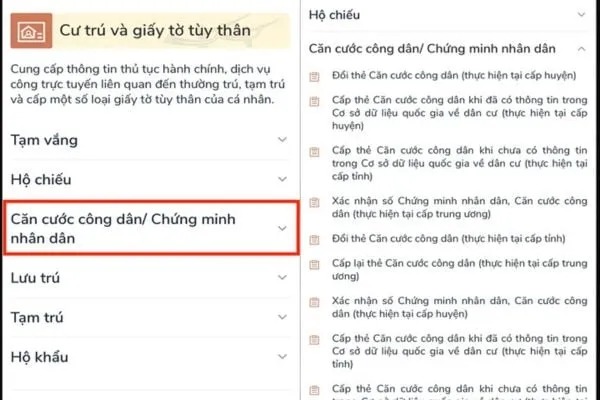 Nhấn chọn dịch vụ cụ thể