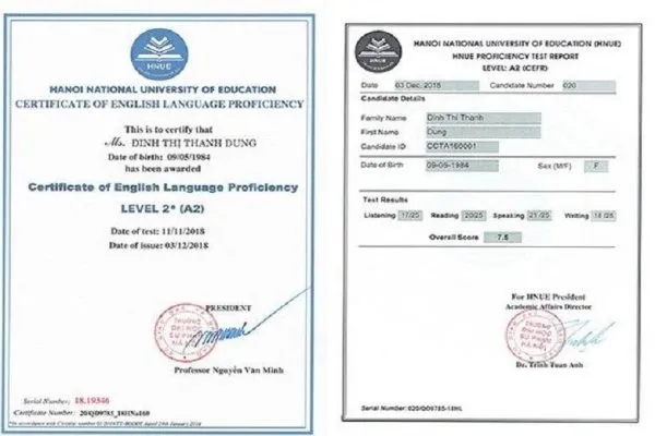 Mẫu Chứng Chỉ Tiếng Anh A2