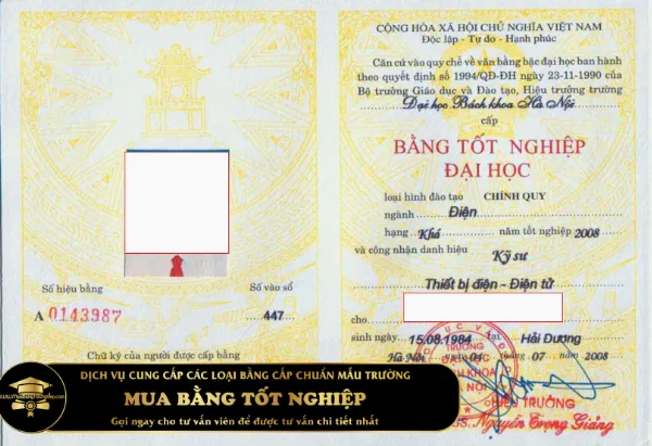 Mẫu bằng tốt nghiệp năm 2008 – Chuyên ngành Điện Điện Tử tại HUST