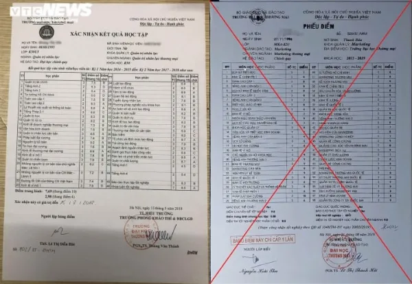 So sánh bằng và bảng điểm thật với giả