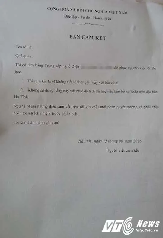 Bảng cam kết sử dụng bằng giả