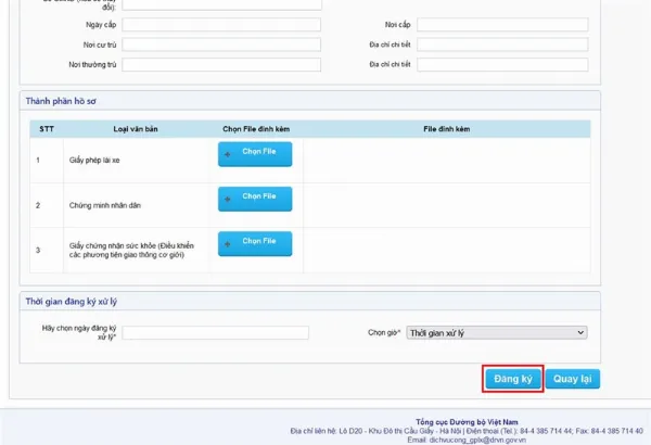 Mẫu form đăng ký nộp hồ sơ trực tuyến