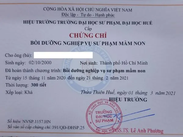 Chứng chỉ nghiệp vụ sư phạm mầm non