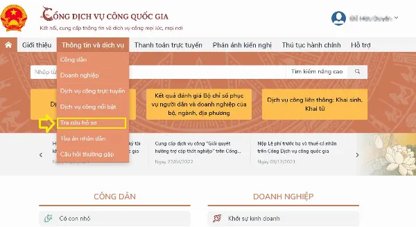 Giao diện tra cứu hồ sơ