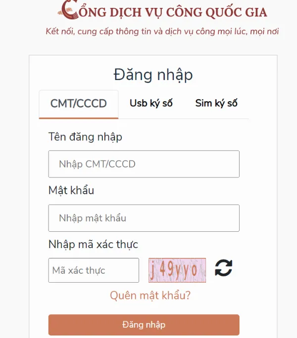 Giao diện đăng nhập đầy đủ thông tin