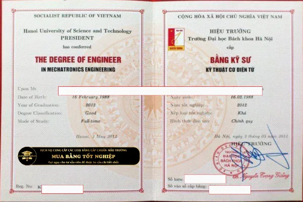 Mẫu bằng Kỹ sư ngành Cơ Điện Tử